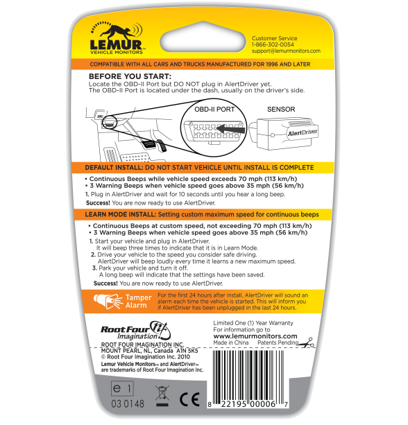 AlertDriver Back of Packaging